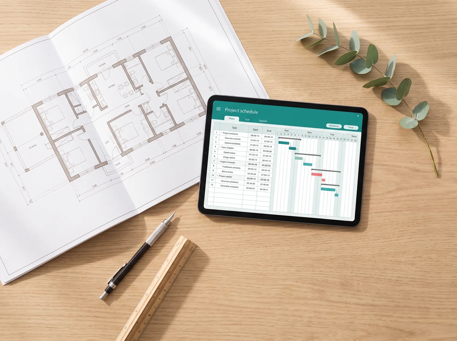 Planta técnica e tablet com cronograma na mesa do arquiteto