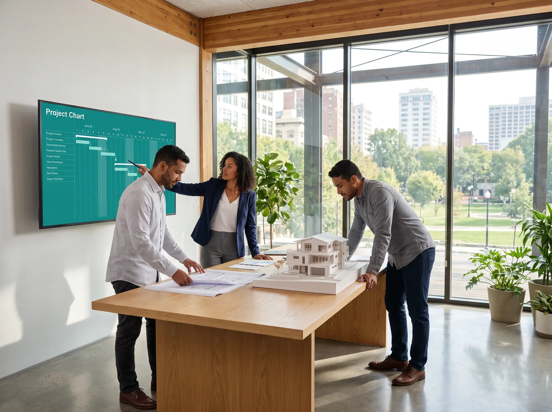 Equipe de arquitetos analisando prazos no painel COTA