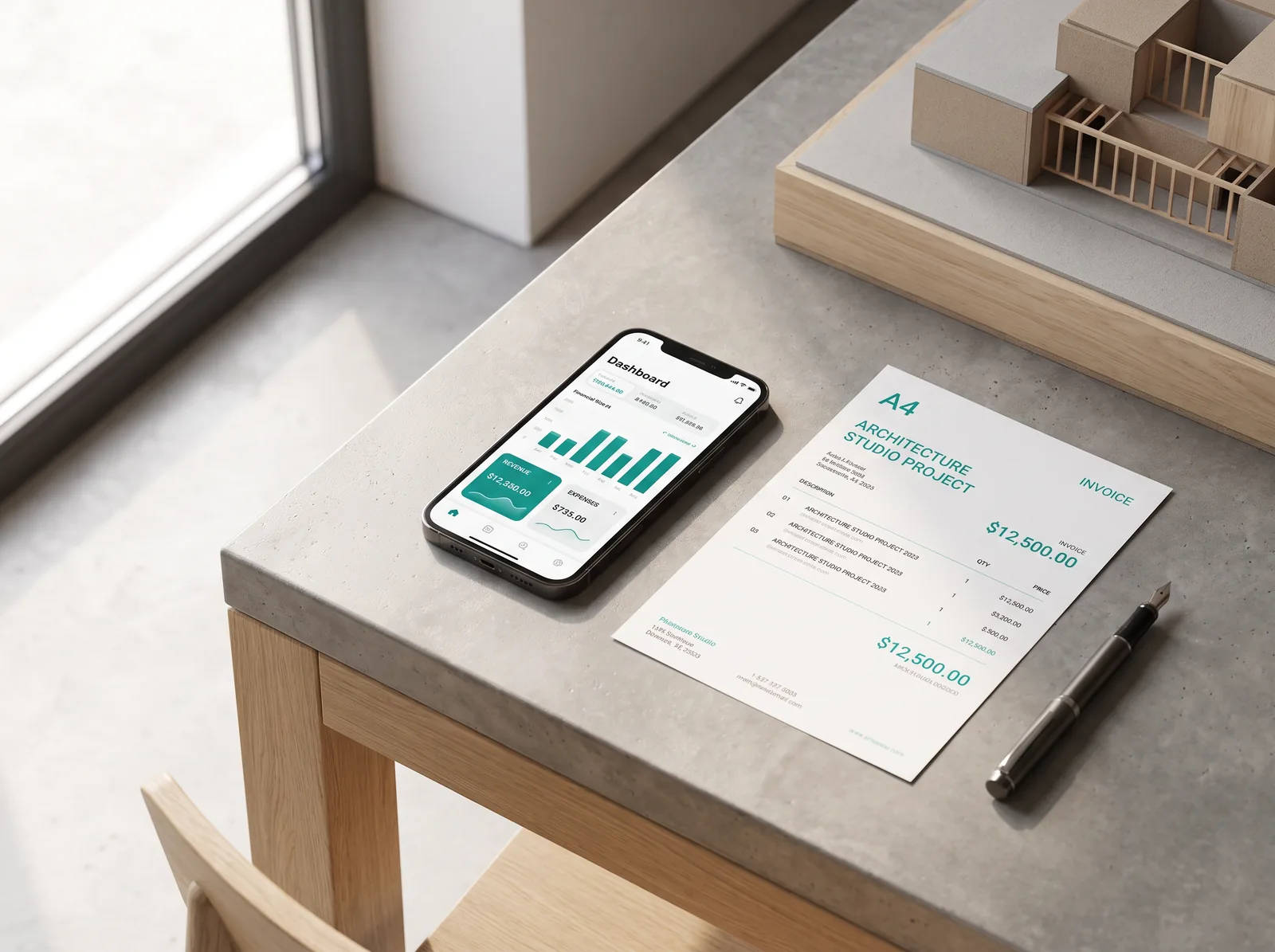 Dashboard financeiro do COTA no celular sobre a mesa de trabalho