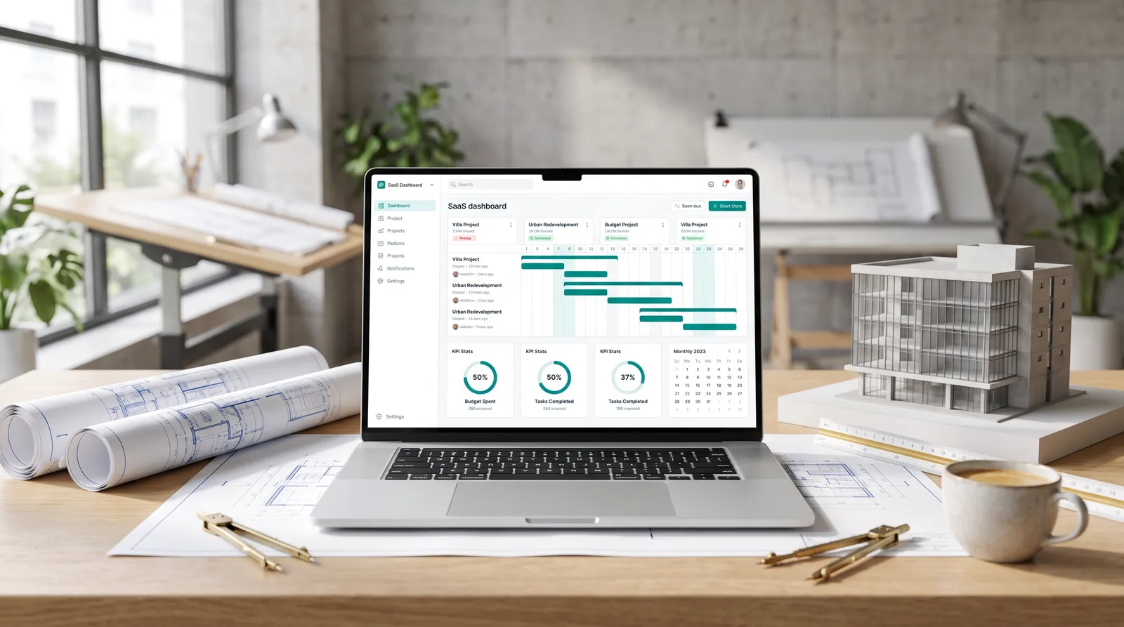 Laptop com o Gantt do COTA em um estúdio de arquitetura